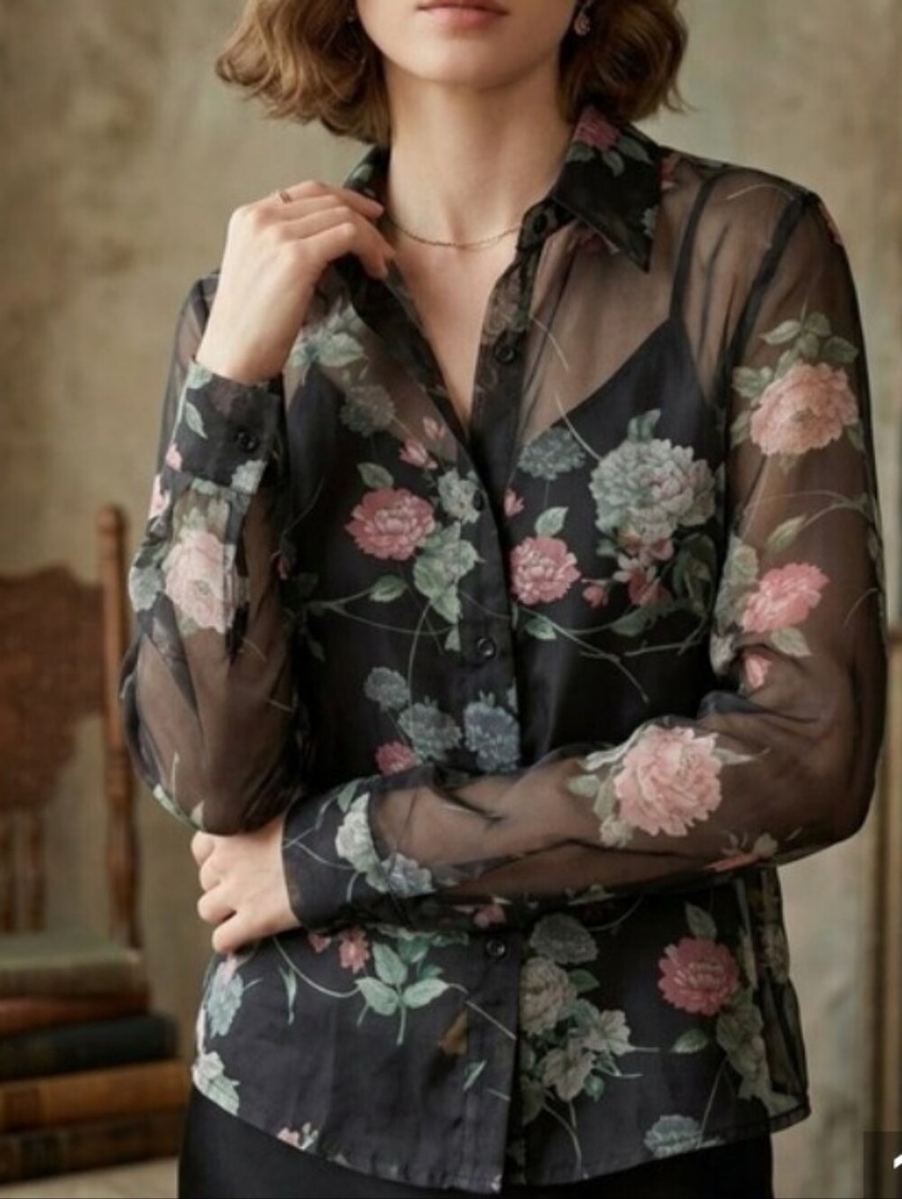 Whimsigoth Dark Grandmillennial Loubella Black Sheer Floral Print Blouse Button